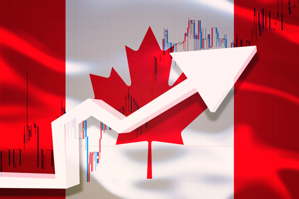 Seta indicando crescimento ressaltada a frente da bandeira do Canadá. Entre a seta e a bandeira, há gráficos que indicam desempenho positivo da economia canadense.