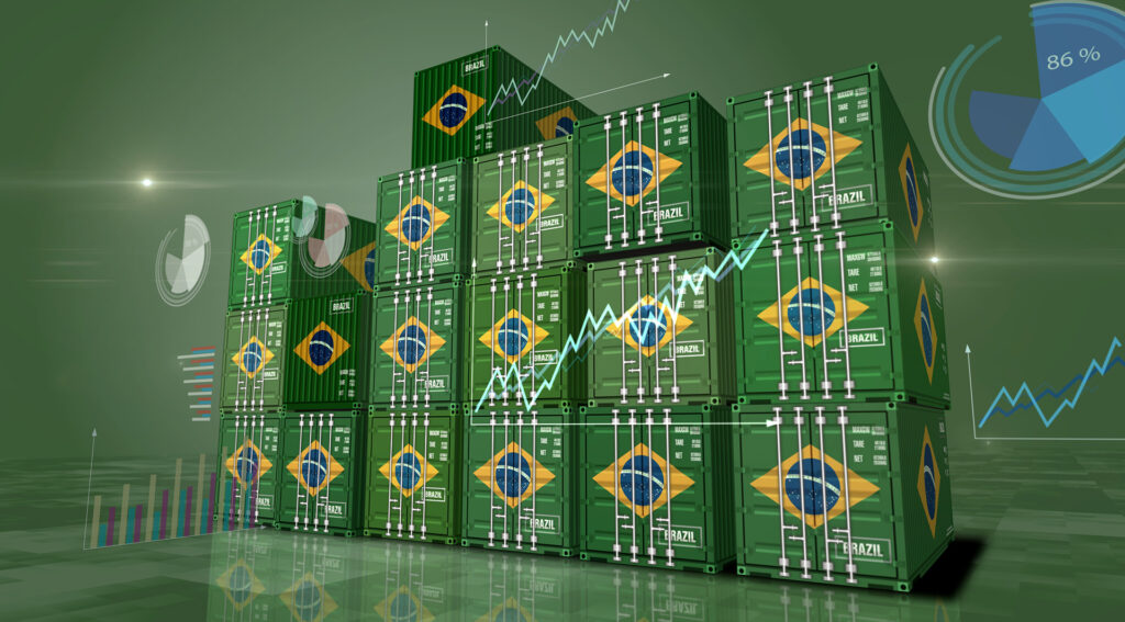 Contêineres empilhados com indicadores financeiros. A imagem simboliza o impacto econômico positivo das exportações brasileiras.