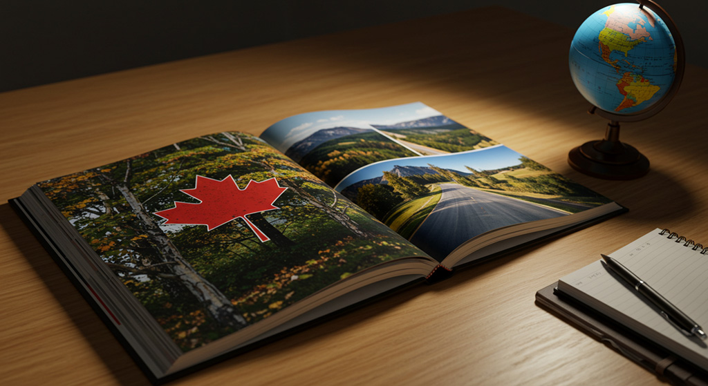 Em cima de uma mesa, há um livro com imagens do Canadá, um bloco de anotações, uma caneta e um globo terrestre.