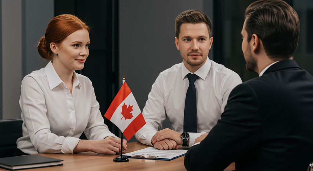 Mulher de camisa social branca, homem de camisa social branca e gravata preta, homem de blazer preto. Na mesa, há uma bandeira do Canadá. A imagem é de uma entrevista de emprego.