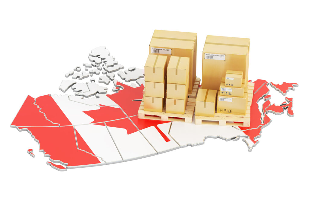 Quebra cabeça no formato do mapa do Canadá. Sobre o quebra cabeça, há pilhas de caixas de entrega sobre pallets, simbolizando exportação no mercado canadense.